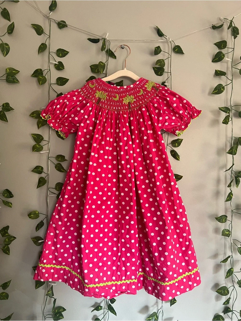 Girls' Hot Pink Polka Dot Smocked Nightgown with Yellow Ric Rac Accent
